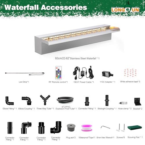 LONGRUN Waterfall Pool Fountain, Updated 5.9'' Wider Open Lip Stainless Steel Waterfall Spillway, Decorative Water Feature for Swimming Pools, Koi Ponds, Spa & Garden - 23.6'' - size: 23.6"Stainless Steel(Short-beaked)