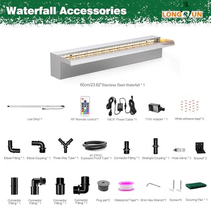 LONGRUN Waterfall Pool Fountain, Updated 5.9'' Wider Open Lip Stainless Steel Waterfall Spillway, Decorative Water Feature for Swimming Pools, Koi Ponds, Spa & Garden - 23.6'' - size: 23.6"Stainless Steel(Short-beaked)