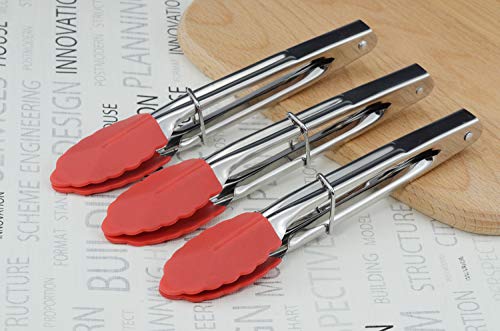 HINMAY Small Tongs with Silicone Tips 7 Inch Kitchen Tongs, Set of 3 (Red) - color: Red