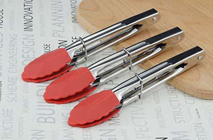 HINMAY Small Tongs with Silicone Tips 7 Inch Kitchen Tongs, Set of 3 (Red) - color: Red