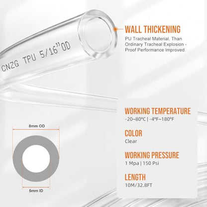 5/16 OD Inch 8mm Air Line Hose Tubing Kit Poly Airline Clear | Polyurethane Compressed Pneumatic Compresor Repair Kit With Push To Connect Fittings - color: Clear, size: 5/16" OD（8mm）