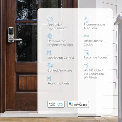 Lockly Secure Pro Wi-Fi Smart Lock with Handle | Keypad Keyless Entry Door Lock with Fingerprint,App Remote Control, Works with Alexa and Google, Auto Lock - color: Satin Nickel