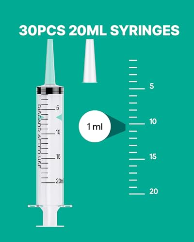 30 Pack 20ml Oral Syringes for Liquid without Needle Individually Wrapped | with cap, clear scale, non-slip bottom for pet feeding, liquid dispensing, scientific labs, plant cultivation and crafts - style: 20ml