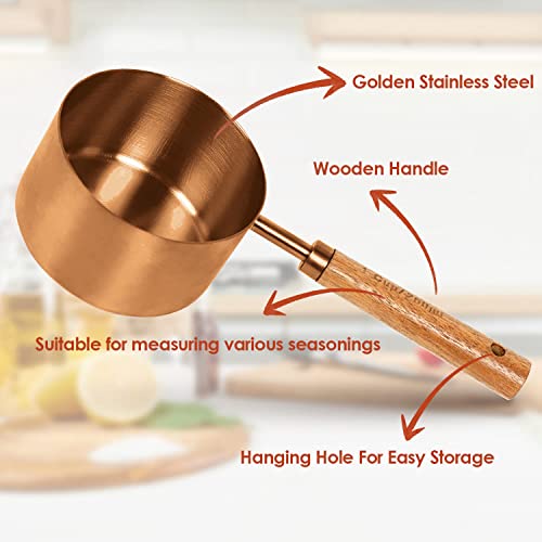 Collection 8 Piece Rose Gold Measuring Cups Set and Measuring Spoons, Golden With fragrant wood Handles-Complete Set of Measure Cups and Spoons For Cooking and Baking. - color: Copper