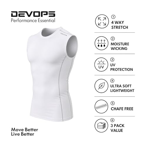 DEVOPS 3 Pack Men's Compression Shirts Sleeveless Tank Top Baselayer | Gym Training, Running, Moisture Wicking, Compression Fit, 4-Way Stretch, UPF 50+, Sleeveless - color: 0# (3 Pack) White / White / White(gray), size: Medium
