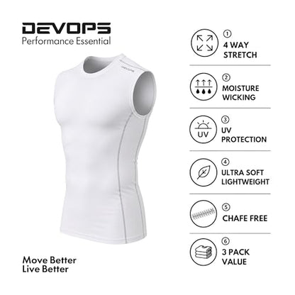 DEVOPS 3 Pack Men's Compression Shirts Sleeveless Tank Top Baselayer | Gym Training, Running, Moisture Wicking, Compression Fit, 4-Way Stretch, UPF 50+, Sleeveless - color: 0# (3 Pack) White / White / White(gray), size: Large