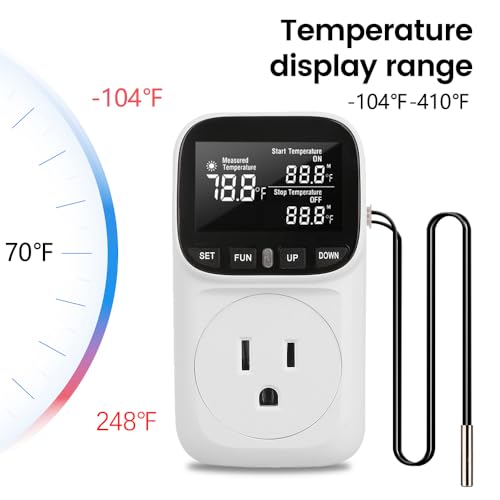 Diymore Digital Plug in Thermostat Outlet Temperature Controller Electric Digital Thermostat Heating Cooling Mode Timer Socket 120V Heating Cooling Control 110V 15A Celsius Fahrenheit Display, White - style: Modern