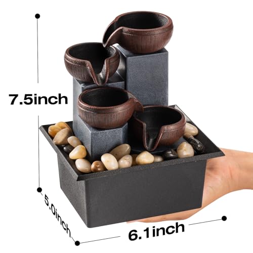 Tabletop Fountain 4 Level Small Waterfall Fountain Indoor Relaxing Water Feature Meditation Fountain for Home Office Bedroom Decoration Including LED Lighting Natural Rocks as Festival Gifts
