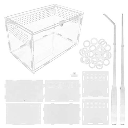 Acrylic Reptile Feeding Box,Reptile Terrarium Transparent Breeding Box Tarantula Enclosure with 2 Straight and Curved Tweezer for Pet Insect Spider Cricket Snail Hermit Crab Lizard,7.9x4.7x4.7inch