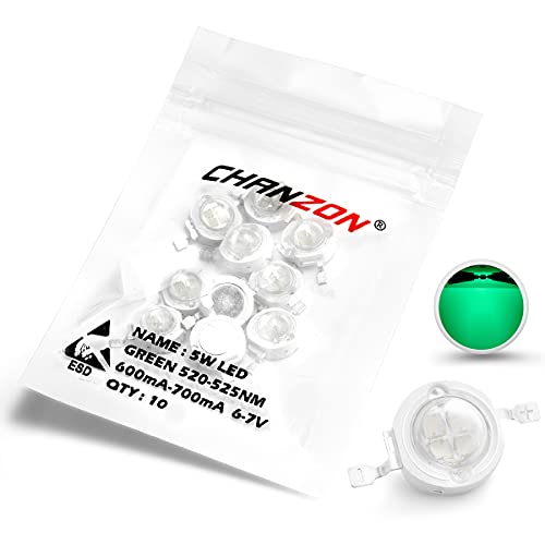 CHANZON 10 pcs High Power Led Chip 5W Green | (600mA - 700mA / DC 6V - 7V / 5 Watt) Super Bright Intensity SMD COB Light Emitter Components Diode Bulb Beads DIY Lighting - color: G) Green