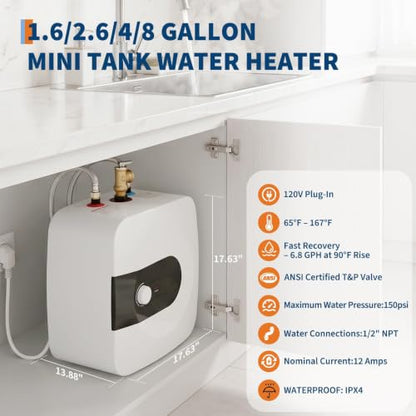 8 Gallon Mini Tank Water Heater, 120V 1500W, Under Sink Water Heater 30L | Electric Hot Water Heater SS-316L element, 86-167°F adjustable temp, wall or floor mount, 1/2" NPT for RV kitchen bathroom