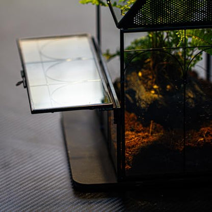 NCYP Glass Enclosure with Vent Holes for Jumping Spiders, Praying Mantis, Small Insect - 7.5" x 4.9" x 9" Front Opening Door Vented Glass Terrarium - House Shape, Home Decor, Black (Terrarium Only) - size: 7.5" x 4.9" x 9"
