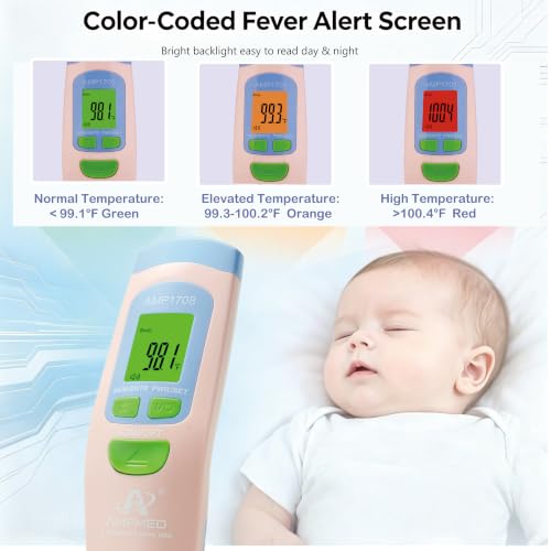 Medical Grade Non-Contact Forehead Thermometer, Pink | With Case, Adults, Kids & Infants, No-Touch, Temporal Fever Thermometer - color: Pink
