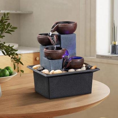 Tabletop Fountain 4 Level Small Waterfall Fountain Indoor Relaxing Water Feature Meditation Fountain for Home Office Bedroom Decoration Including LED Lighting Natural Rocks as Festival Gifts
