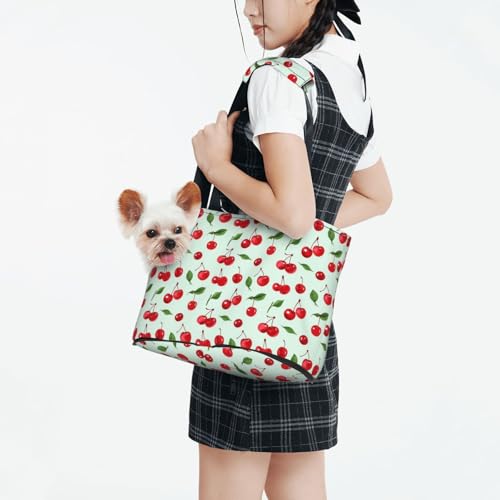 Small Pet Carrier Purse Bag, Red Cherries & Leaves Print Shoulder Bag for Dogs Cats, Puppy Tote Travel Handbag - color: Red Cherries & Leaves