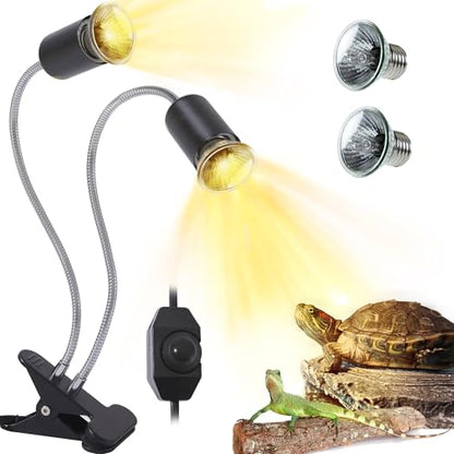 Reptile Heat Lamp with Dual Head, UVA UVB Light for Aquarium Turtle Tank, with 2 * 50w Basking Bulb and 360° Swivel Clamp Stand for Tortoise, Snake, Frog, Lizard. Halogen, Yellow Light - color: Lamp Holder B Dual Head +2 Bulbs