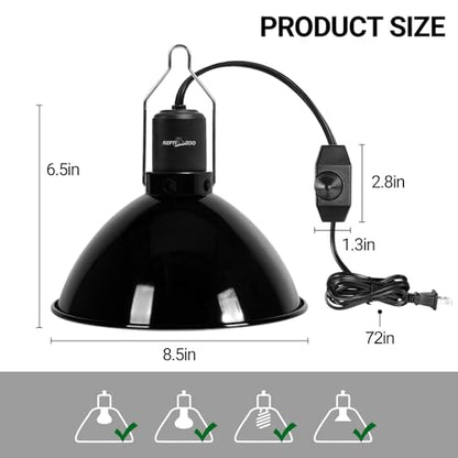 REPTI ZOO Upgrade Reptile Light Fixture with Dimming,8.5 inch Deep Dome Lamp Fixture for Reptile Tank Terrarium, Reptile Heat Lamp Fixture for UVB UVA Bulb Basking Heat Bulb