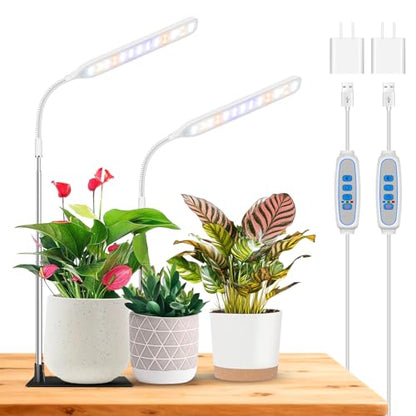 Small Grow Lights for Indoor Plants with Base, Full Spectrum | 52 Red/Blue/White LEDs, Gooseneck, 6.5-26in Height, Timer & Dimming, with Base or Stake, for Small Plants, White, 2 Pack - size: 2 Pack