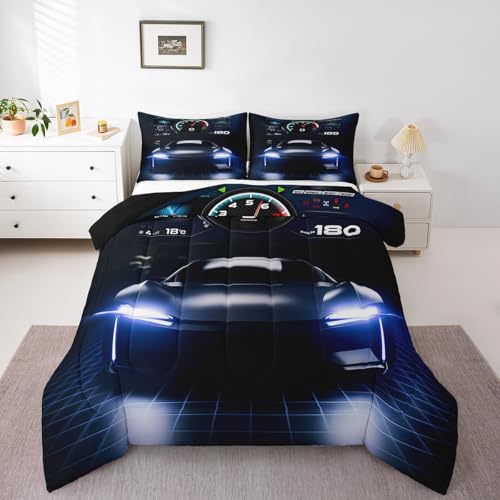 Erosebridal King Size Race Car Comforter Set, Black Speed Racer Luxury Decor Quilt with 2 Pillow Cases - color: Multi 18, size: King