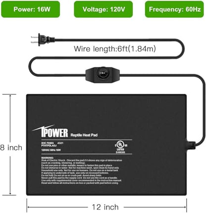 iPower 8 by 12-Inch Reptile Heat Mat with Temperature Adjustment, LCD Digital Aquarium Thermometer, Terrarium Heating Pad for Reptiles & Amphibians - size: 8 X 12 Inch, style: Pad with Adjust Knob+ Thermometer