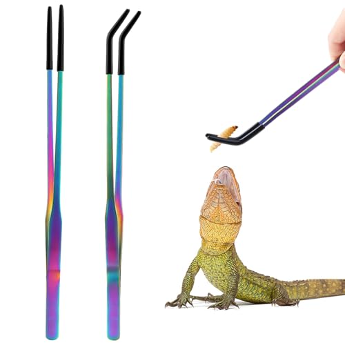 OLIISS Iridescent Reptile Feeding Tongs with Rubber Tips, 10.6", 2 Pack | Straight & Curved, Stainless Steel, Secure Grip, Feeder Tools for Bearded Dragons, Geckos & Lizards, Terrarium Tank Supplies - size: 10.6 Inch
