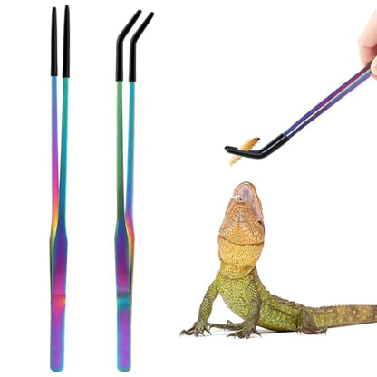 OLIISS Iridescent Reptile Feeding Tongs with Rubber Tips, 10.6", 2 Pack | Straight & Curved, Stainless Steel, Secure Grip, Feeder Tools for Bearded Dragons, Geckos & Lizards, Terrarium Tank Supplies - size: 10.6 Inch