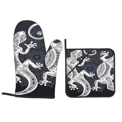Gecko Lizard Abstract Reptile Animal Herpetology1 4-Piece Oven Mitts and Handle Covers Set - Heat Resistant Baking Gloves for Kitchen BBQ Grilling