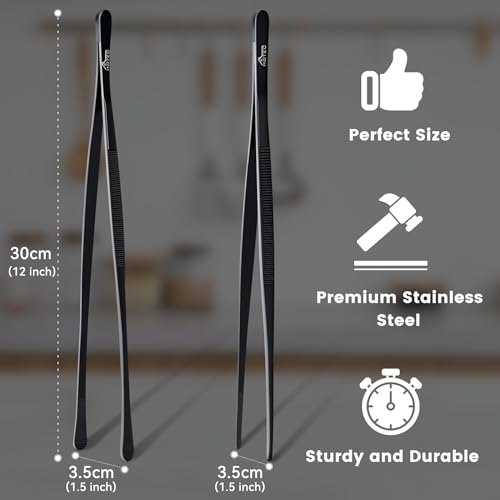 HOTEC Kitchen Tweezers Tongs Stainless Steel Professional Chef Tweezers, Set of 2-12inch Extra-Long Food Tongs for Cooking,Grill and Baking - color: Black, size: 2PCS: 12 Inch
