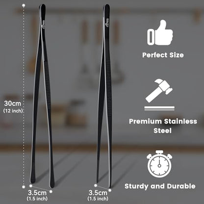 HOTEC Kitchen Tweezers Tongs Stainless Steel Professional Chef Tweezers, Set of 2-12inch Extra-Long Food Tongs for Cooking,Grill and Baking - color: Black, size: 2PCS: 12 Inch