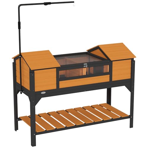 PawHut Tortoise Habitat with Adjustable Lamp Holder, Attached Tray Yellow | Wooden Tortoise Enclosure, Storage Shelf, Dual Main Houses, Openable Lid - color: Yellow
