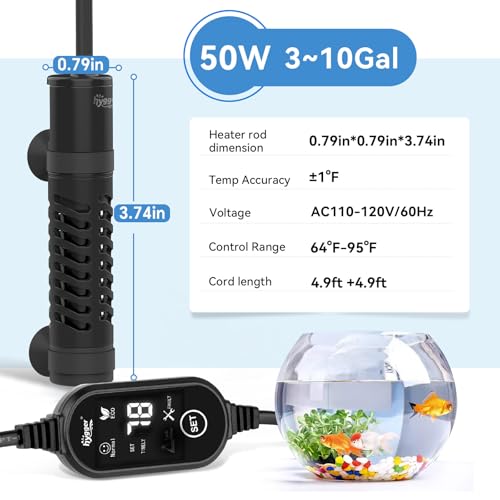 hygger Ceramic Submersible Aquarium Heater, New Explosion-Proof Fish Tank Water Heater with External Temp Controller Auto Thermostat Heater for Saltwater Freshwater (50W for 3~10 Gallon) - size: 50W for 3~10 gallon