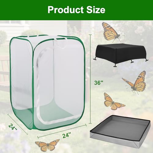 Butterfly Habitat Cage 24" x 24" x 36", Large Caterpillar Mesh Enclosure with Poop Tray for Easy Clean, Outdoor Monarch Butterfly & Insect Pop-up Net Cages Terrarium with Sunshade Top. - size: 24" x 24" x 36"