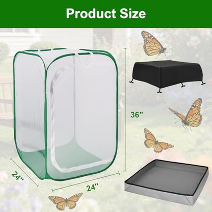 Butterfly Habitat Cage 24" x 24" x 36", Large Caterpillar Mesh Enclosure with Poop Tray for Easy Clean, Outdoor Monarch Butterfly & Insect Pop-up Net Cages Terrarium with Sunshade Top. - size: 24" x 24" x 36"