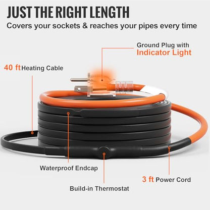VEVOR Self-Regulating Pipe Heating Cable, 40FT 5W/FT Heat Tape for Pipes Freeze Protection, Water Pipe Heat Cable with Built-in Thermostat Protects PVC Hose, Metal and Plastic Pipe from Freezing - size: 40FT