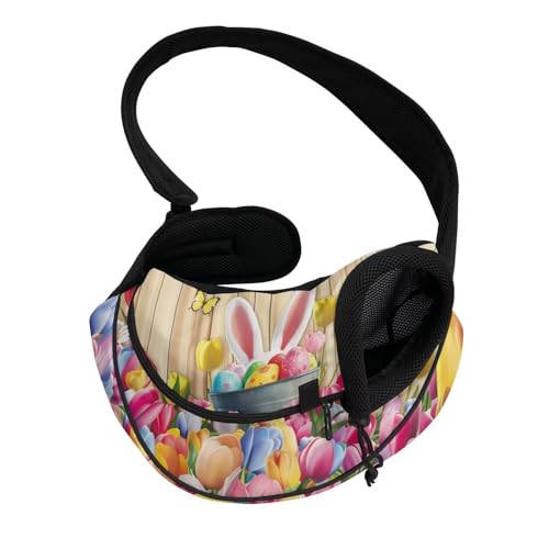 COEQINE Colorful Eggs Bunny Puppy Sling Easter Outfit for Dogs and Cat Sling Carrier Crossbody Purse Drawstring Dog Papoose for Outdoor Travel - color: Colorful Eggs Bunny