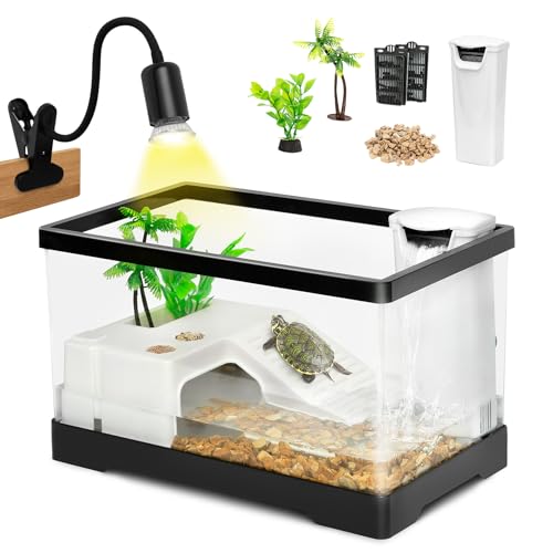 AZV Turtle Tank Starter Habitat Kit,Complete Aquatic Terrarium Enclosure with Filter,Basking Platform with Hideout,Multi-Function Area,Drainage,Plants and Lamps and AZV All in One Turtle Tank Kit