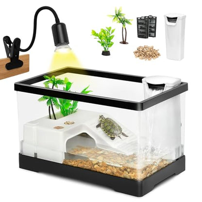 AZV Turtle Tank Starter Habitat Kit,Complete Aquatic Terrarium Enclosure with Filter,Basking Platform with Hideout,Multi-Function Area,Drainage,Plants and Lamps and AZV All in One Turtle Tank Kit