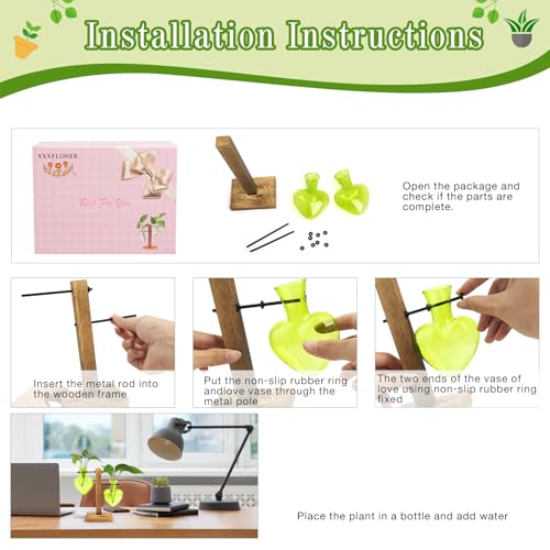 XXXFLOWER Plant Propagation Station Terrarium 2 Green Heart Shaped Vase | Terrarium Kit Bulb Glass Metal Desk Plant Holder, Retro Air Plants Water Plants, Home Office Decoration - color: Green