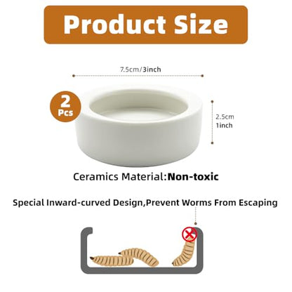 Escape-Proof Reptile Food Dish Bowl, Ceramic Reptile Feeding Dish & Small Animal Bowl for Lizard, Leopard Gecko, Hermit Crab, Hamster, Anti Escape Live Food & Water Dish (3x1in) 2PCS