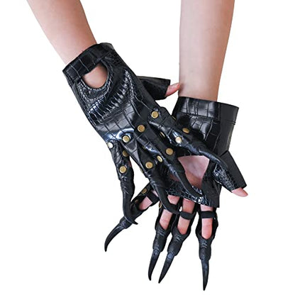 Faux Leather Claw Costume Gloves - Black Lizard Skin Scary Animal Gloves