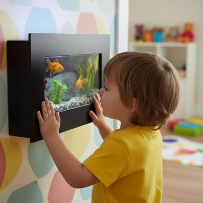 3.0 Wall Mounted Fish Tank Kit with LED Lighting, Built-in Filter System, Modern Space-Saving Design, Complete Accessories Set (View, Black)