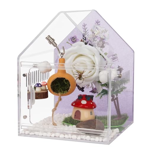 Magnetic Acrylic Spider Enclosure 5.3x5.3x7.3 Inch, House Shape Terrarium with Sparkling Purple Background for Jumping Spiders, Tarantula Slings & Mantis, Escape-Proof Habitat with Ventilation