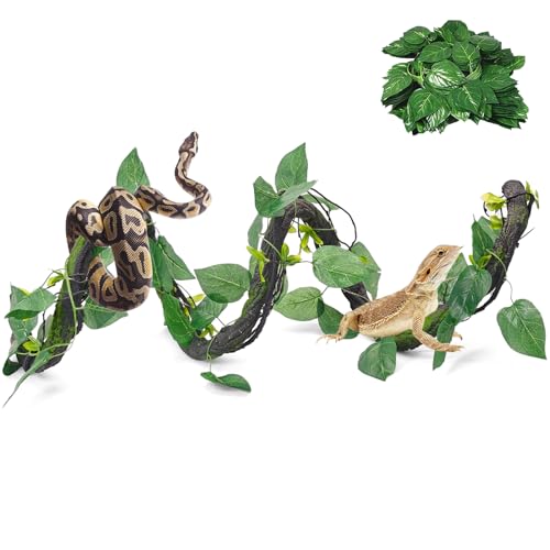 VCEPJH Medium Reptile Vines Thick Terrarium Plants 70 Inches Long Flexible Climbing Branch with Leaves Snake Tank Accessories Greenery Habitat Decor for Bearded Dragon Chameleon Gecko Lizard (Black) - color: Black Reptile Vines (Lengh:70" Dia: 1.2 In)