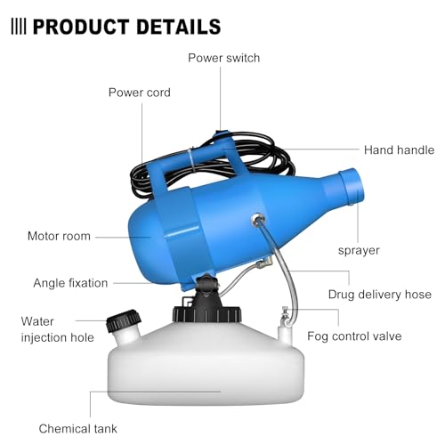 ZFULVO 4.5L(1.2Gallon) Portable Electric ULV Fogger Sprayer | 26-32ft Spraying Distance Atomizer Mist Rate 150-260ml/min, Cold Fogger Machine for Home,Hotel,Church,School,Lawn,Yard,Garden