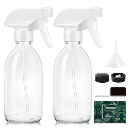 Tecohouse Glass Spray Bottles 8oz, 2 Pack Clear Glass Spray Bottles | Small Empty Glass Spray Bottles for cleaning, Plants, Pets, Hair, Durable Spray Nozzle, Fine Mist, Labels, Funnel, Pipettes - color: Clear White Lids