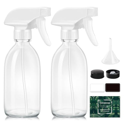 Tecohouse Glass Spray Bottles 8oz, 2 Pack Clear Glass Spray Bottles | Small Empty Glass Spray Bottles for cleaning, Plants, Pets, Hair, Durable Spray Nozzle, Fine Mist, Labels, Funnel, Pipettes - color: Clear White Lids