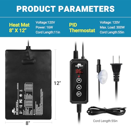Reptile Heat Pad with Dimming Thermostat, 8" X 12" 16W Heating Pad Combo Set for 30-40 Gallon Reptile Tank, Under Tank Heater for Reptiles, Turtle, Snake, Lizard, Hermit Crab, Frogs, Seed - size: 16W
