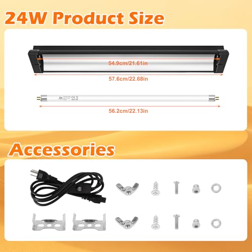 T5 UVB Reptile Light Fixture Combo Kit 24W 10.0 – Complete HO UVB Light for Reptiles with 22.68" Terrarium Hood, Desert UVB Bulb for Bearded Dragon Gecko Tortoise Lizard – Easy to Install and Use - size: 10.0-22.68 in