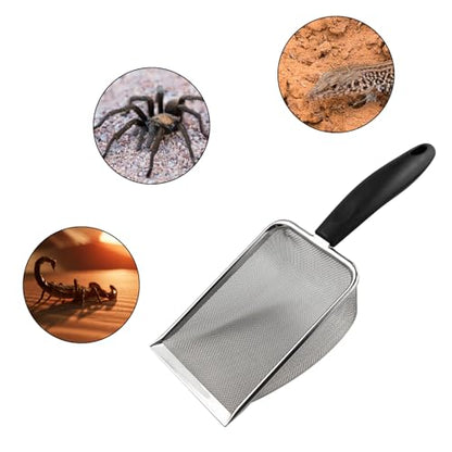 2PCS Stainless Steel Reptile Scooper Set - Fine Mesh Substrate Sifter Scoops for Litter Cleaning, Metal Sand Shovel Combo for Efficient Corner Cleaning and Substrate Sifting in Sand Bedding