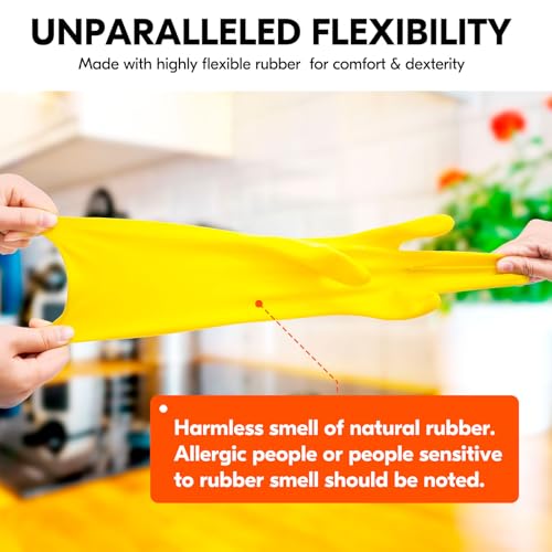 Vgo... 3-Pairs Reusable Household Gloves, Rubber Dishwashing gloves, Extra Thickness, Long Sleeves, Kitchen Cleaning, Working, Painting, Gardening, Pet Care (Size XL, Yellow, HH4601) | yellow,extra Thickness,kitchen,dishwashing,household,painting,gardenin